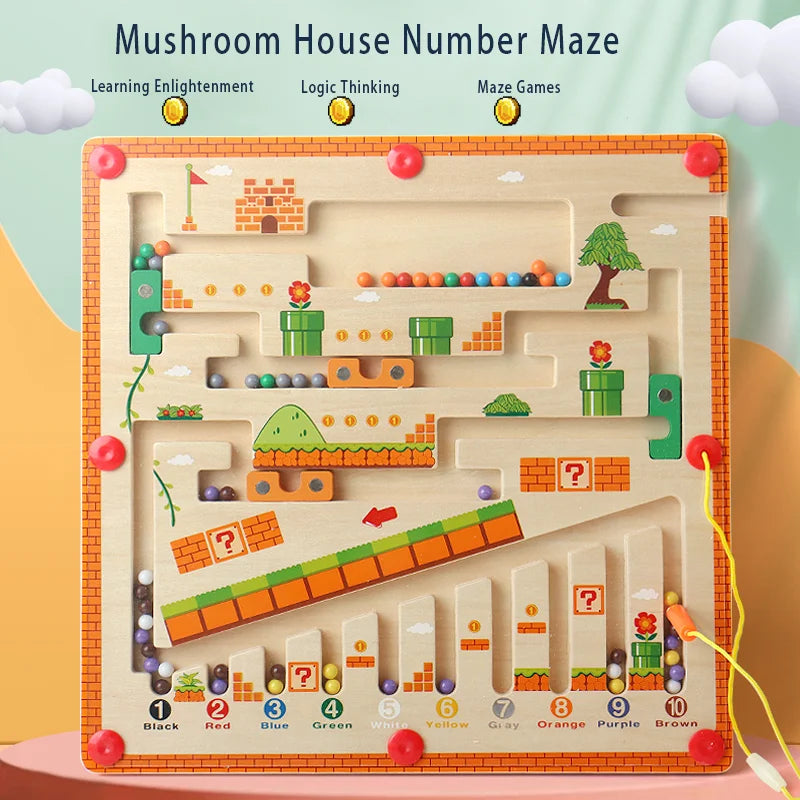 Children's magnetic wooden color and number maze, learning educational toy, mushroom house color recognition matching, kids gift