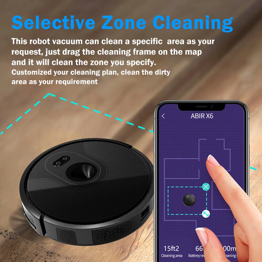 ABIR Vacuum Cleaner X6: Smart Eye System, 6000PA Suction, APP NO-GO Line, Selective Zone Cleaning, Breakpoint Resume. Upgrade your cleaning routine today.