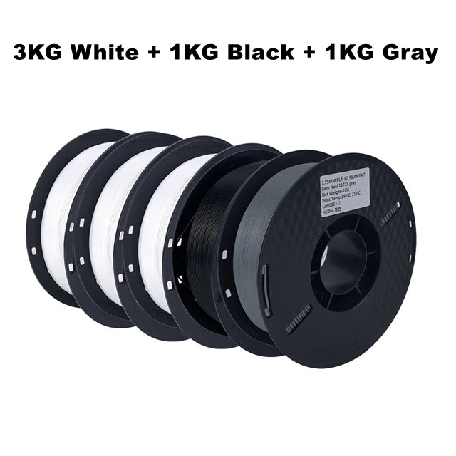 Get 5 rolls of high-quality, tough 1.75mm black, white, and gray PLA filament for your 3D printer, with free delivery.