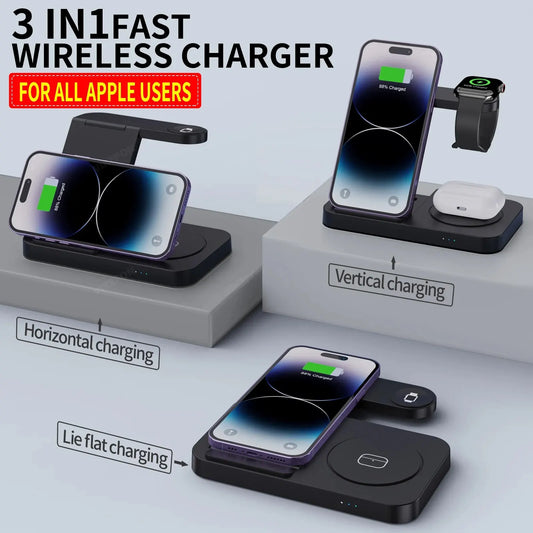 3 In 1 Wireless Charger Stand Pad For iPhone 15 14 13 12 Pro Max Mini IWatch 9 8 7 6 AirPods 3/2 Foldable Fast Charging Station