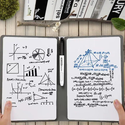 Stay organized with our A5 Reusable Whiteboard Notebook! Includes free whiteboard pen and erasing cloth, perfect for portable and stylish office note-taking.