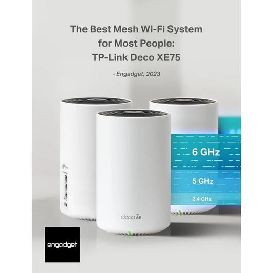 The TP-Link Deco AXE5400 Tri-Band WiFi 6E Mesh System (Deco XE75) provides coverage for up to 5500 square feet, serving as both a WiFi router and extender while incorporating AI-driven features.
