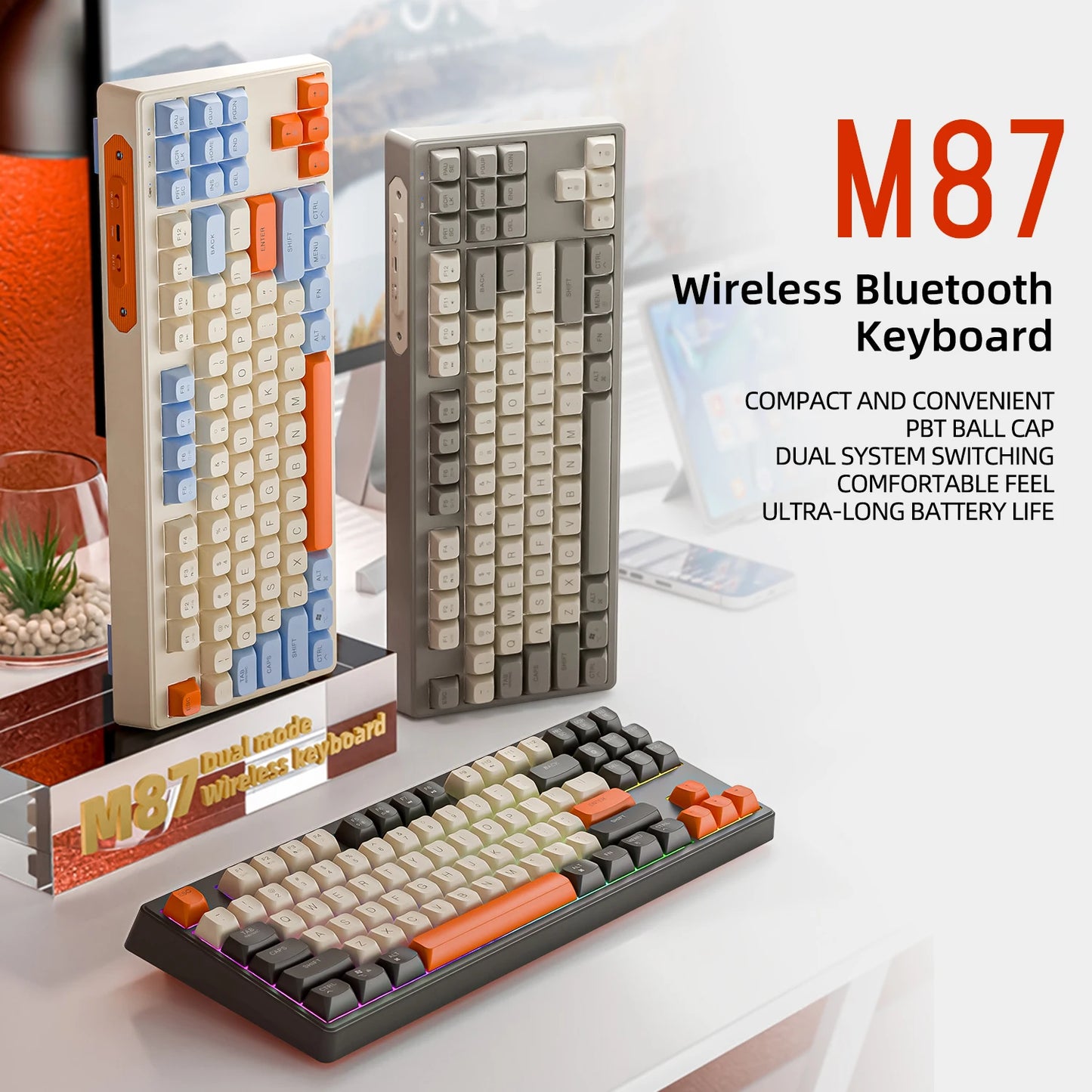 M87 Bluetooth Gaming Keyboard, 2.4G Dual Mode Connection, PBT Ball Cap, Rainbow Light, Suitable for Computers, Laptops, and Mac