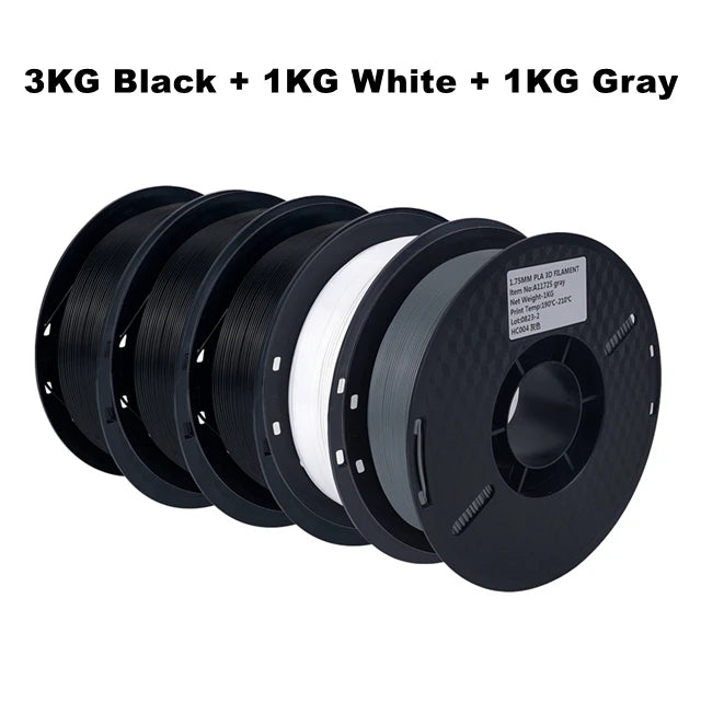 Get 5 rolls of high-quality, tough 1.75mm black, white, and gray PLA filament for your 3D printer, with free delivery.