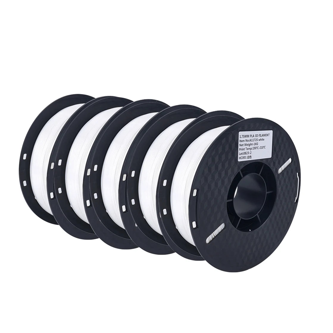 Get 5 rolls of high-quality, tough 1.75mm black, white, and gray PLA filament for your 3D printer, with free delivery.