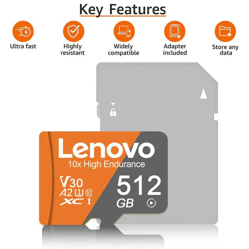 Lenovo SD Memory Card 512GB Micro TF/SD Card 1TB 2TB Class 10 High Speed A2 Flash TF Card 128GB 256GB Flash Card For 4K Camera