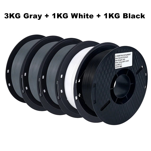 Get 5 rolls of high-quality, tough 1.75mm black, white, and gray PLA filament for your 3D printer, with free delivery.