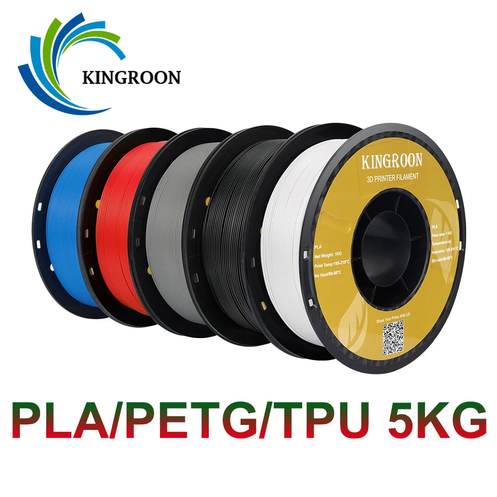 High-quality degradable eco-friendly 3D printing filaments in 5 rolls of 1.75mm PLA, PETG, and TPU plastic.