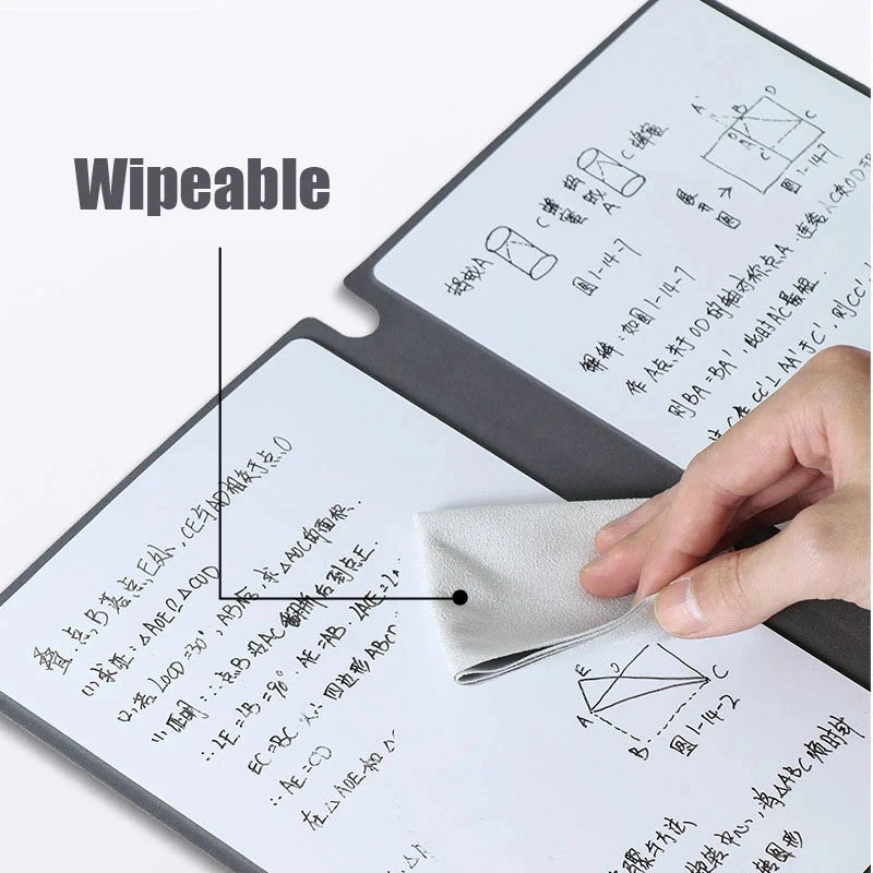 Stay organized with our A5 Reusable Whiteboard Notebook! Includes free whiteboard pen and erasing cloth, perfect for portable and stylish office note-taking.